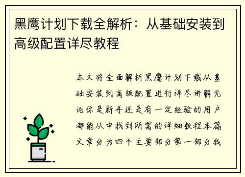 黑鹰计划下载全解析：从基础安装到高级配置详尽教程